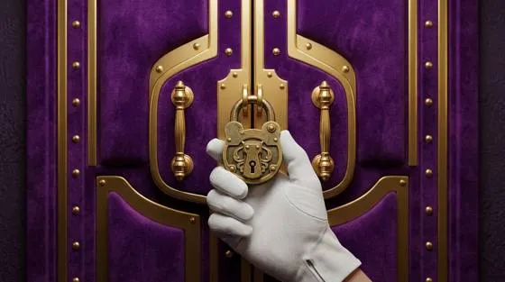 Sturdy purple safe doors with gold fixtures and a hanging lock, standing in for a locked-down account