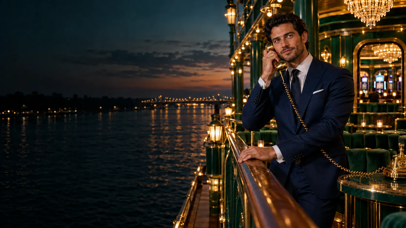 Man holding a vintage telephone on a riverboat casino deck, fielding a question