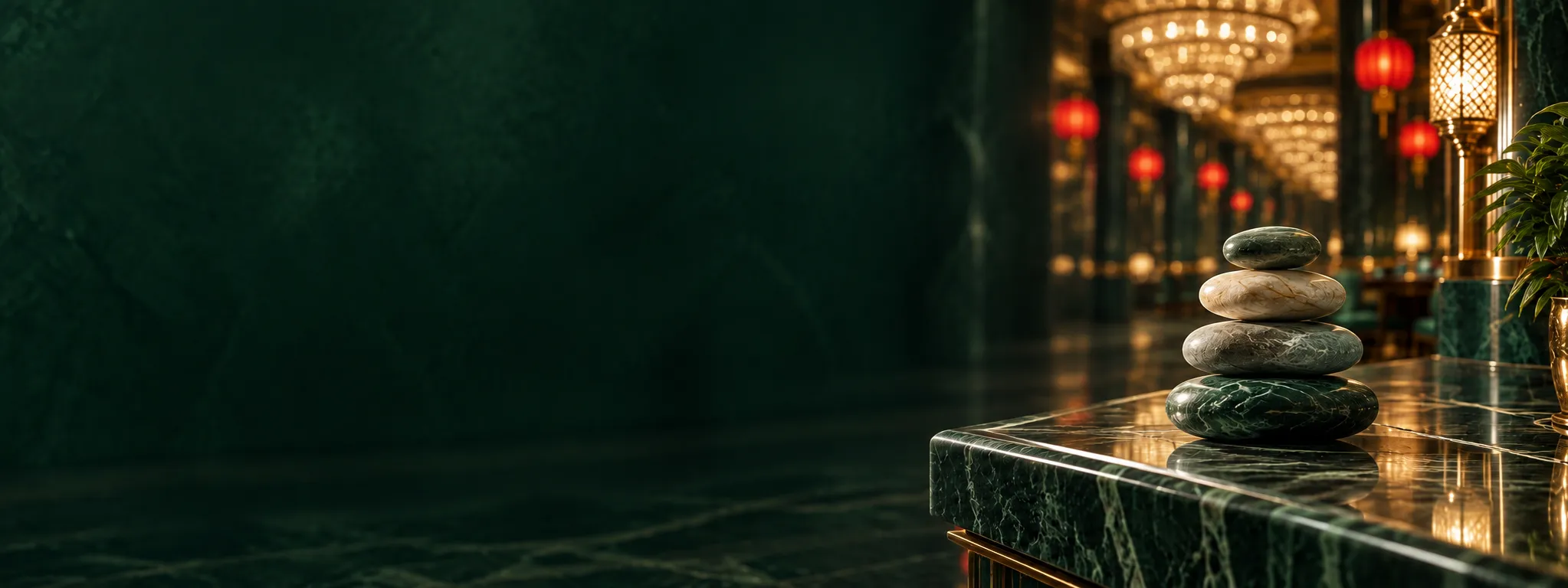 Balanced stones resting on a marble ledge in a quiet, lantern-lit casino hall