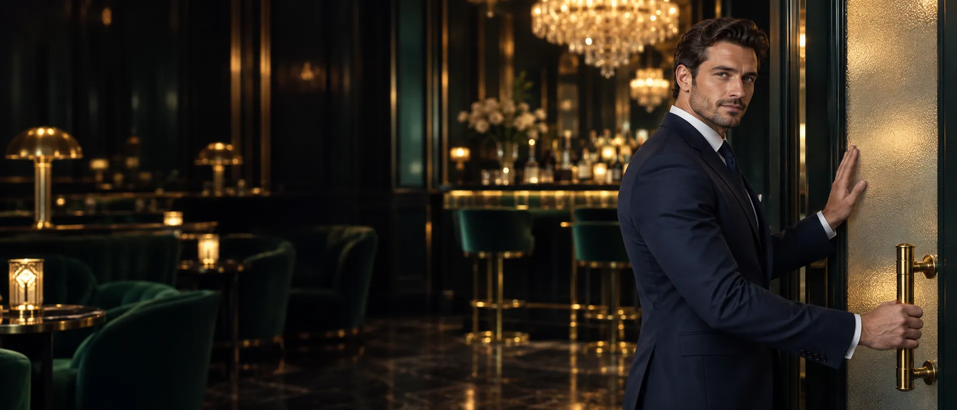 Man beside a frosted glass door in a private members club, marking the line between this guide and the operator's own data