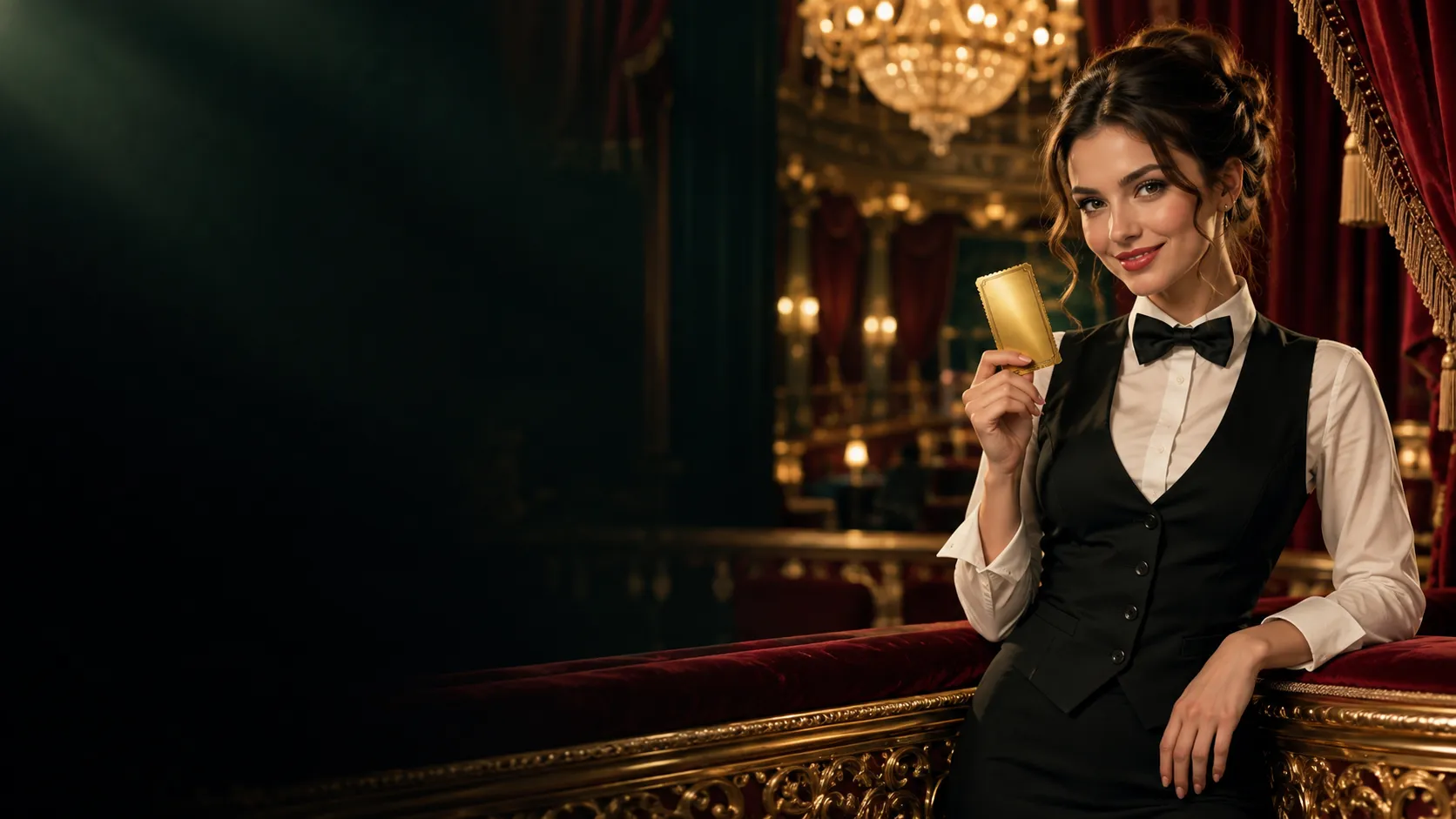 Croupier presenting a golden ticket in a red velvet opera box, symbolising the Here2Win Casino welcome bonus