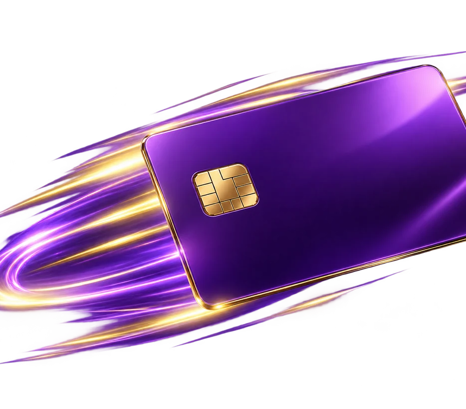 Purple Mastercard-style card used for Here2Win Casino payments