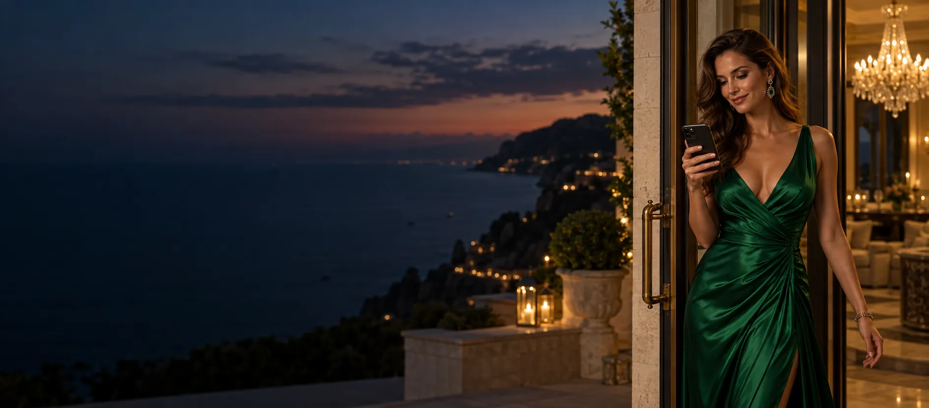 Elegant woman in an emerald gown checking her phone at a villa terrace door at dusk