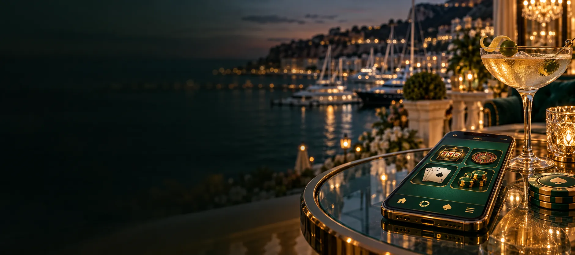 Smartphone with a lit casino lobby screen beside a cocktail glass on a riviera terrace, standing in for mobile play at Here2Win Casino