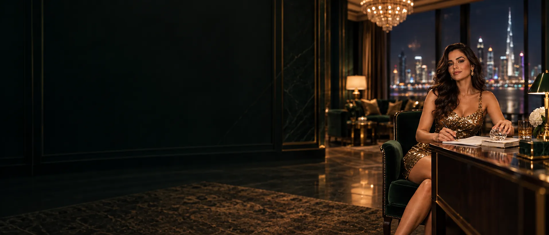 Woman with a crystal paperweight at a hotel suite desk overlooking a city skyline