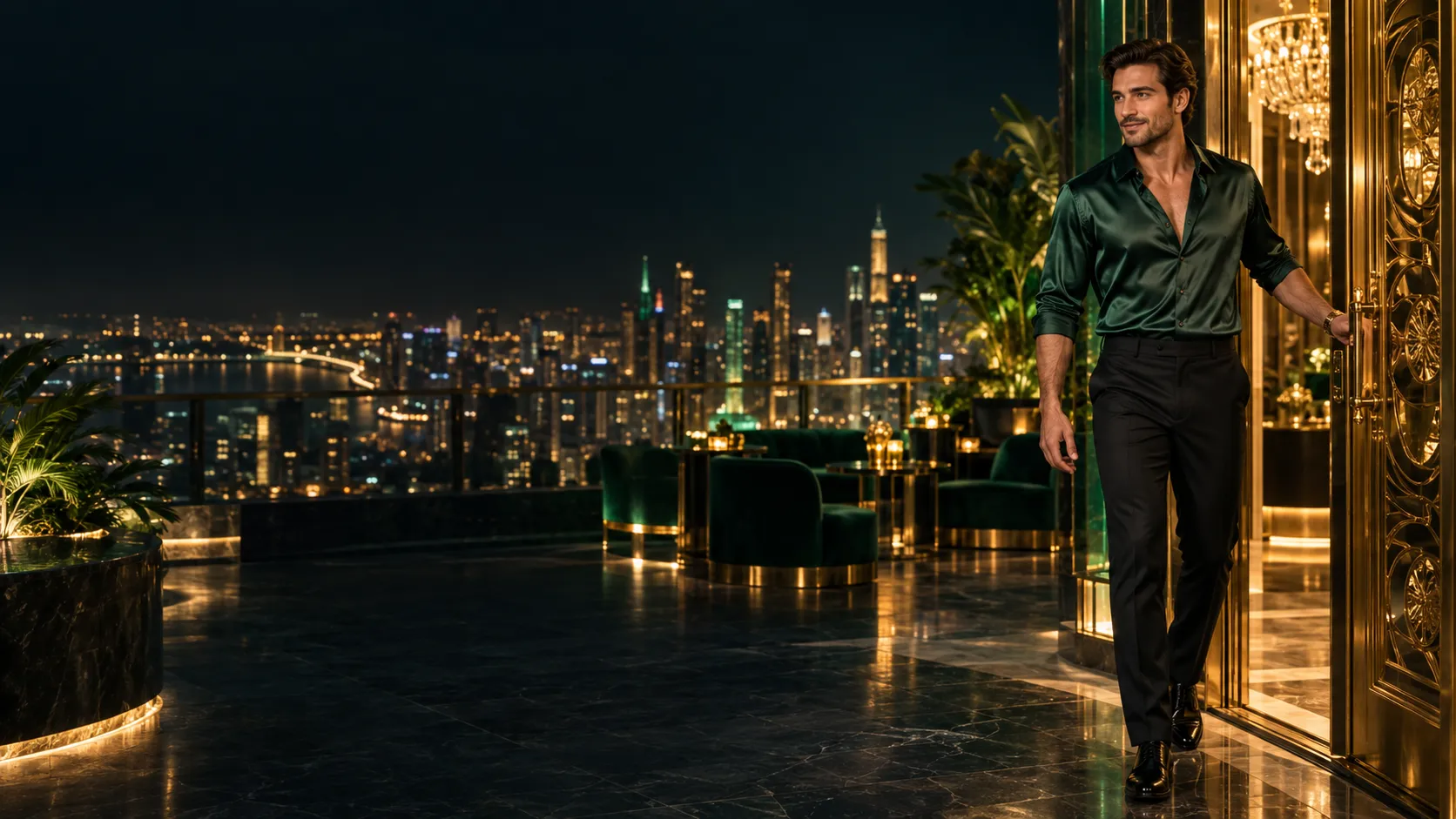 Man pushing open a golden door at a rooftop sky bar, standing in for the way through to the Here2Win Casino login page