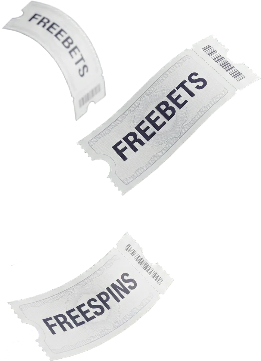 Paper free bet and free spin tickets fanned out, representing the Here2Win Casino bonus steps