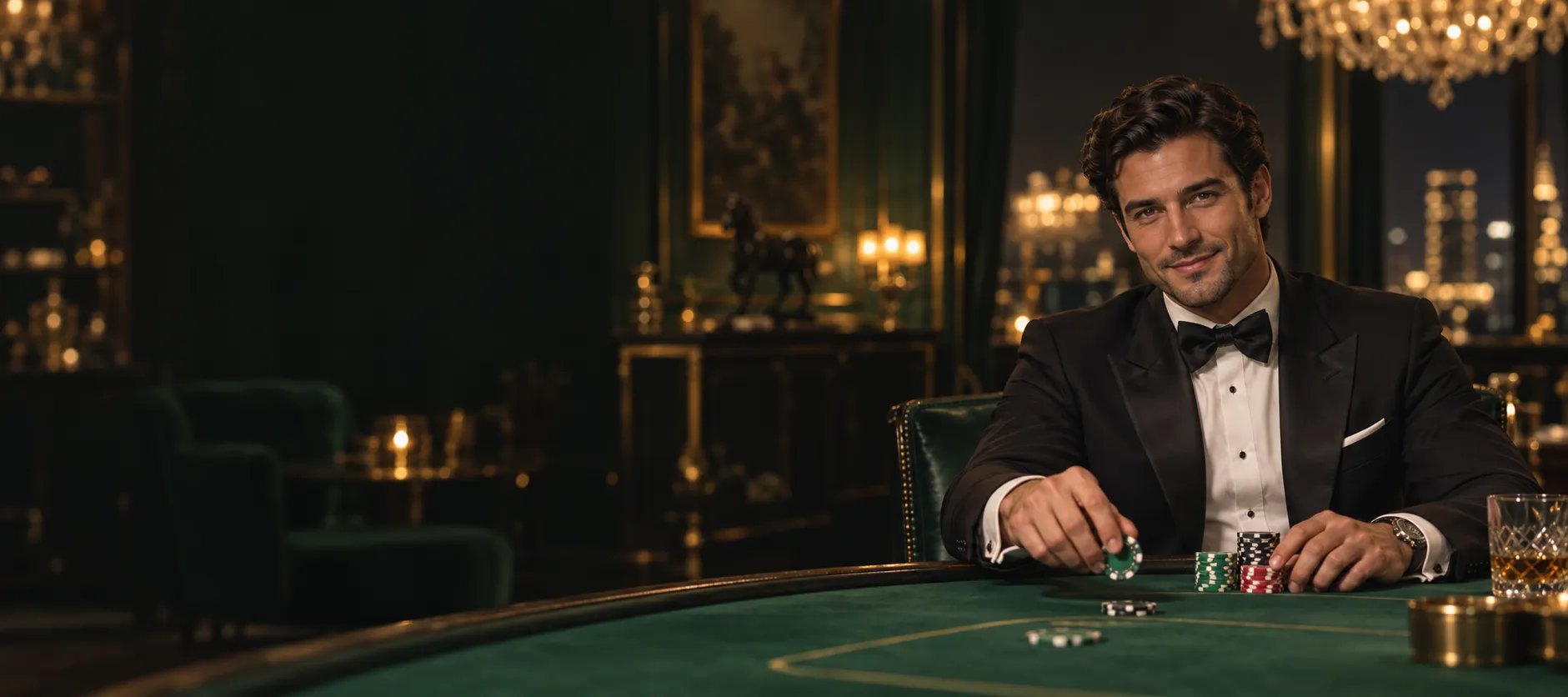 Elegant man in a tuxedo arranging casino chips at a candlelit card table