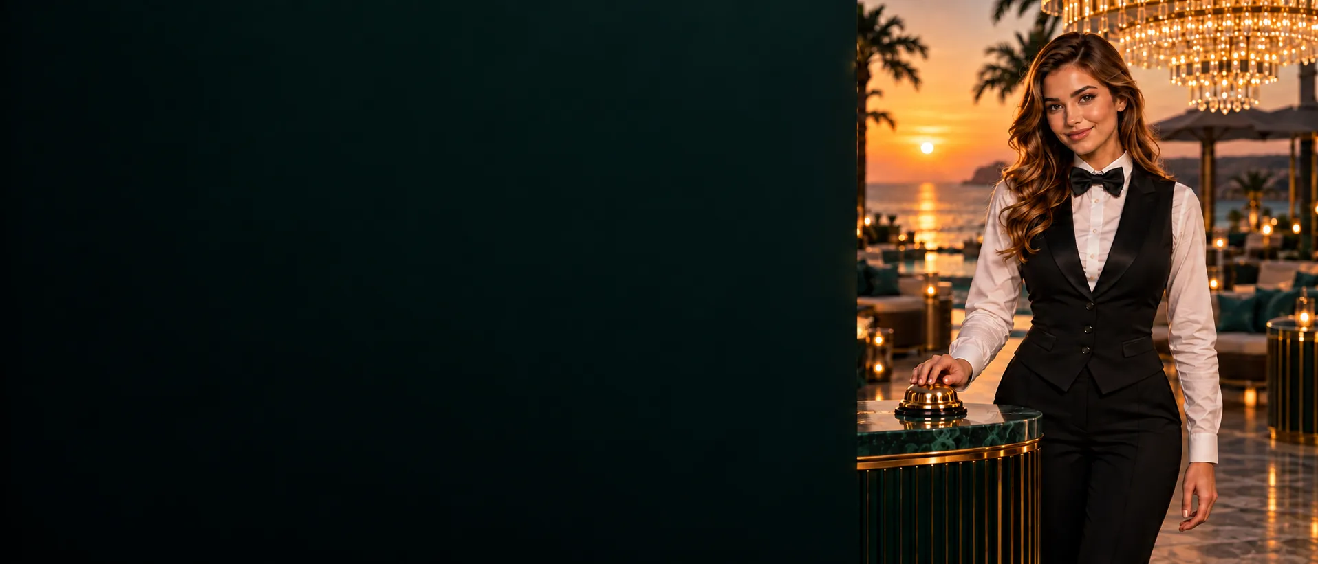Croupier beside a golden concierge bell at a beach club at sunset, standing in for where to find confirmed Here2Win Casino support