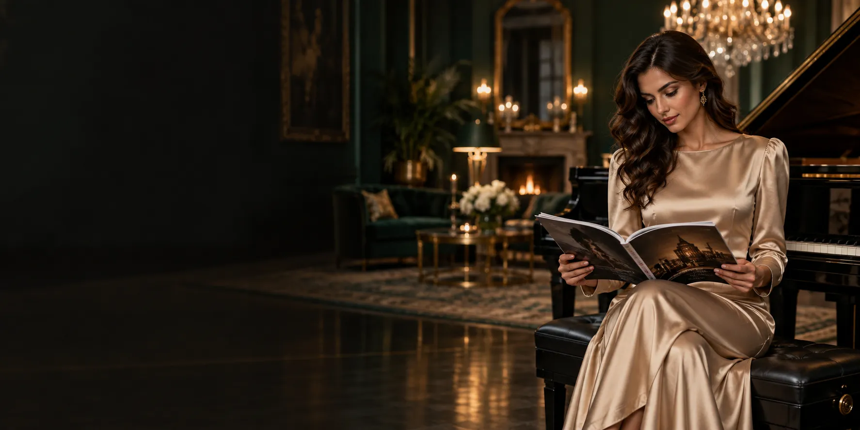 Woman reviewing a glossy magazine in a mansion lounge beside a grand piano