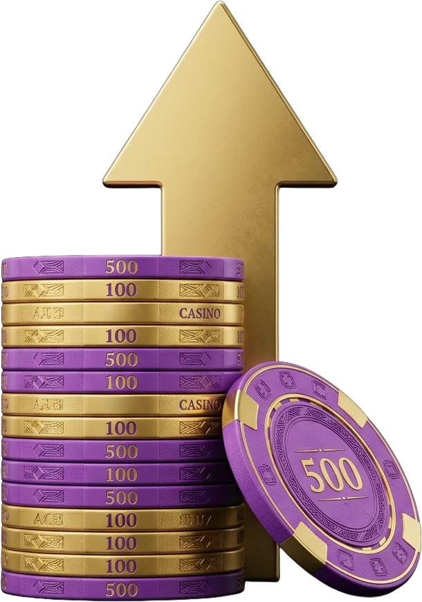 Stack of purple-and-gold poker chips beside the welcome offer panel