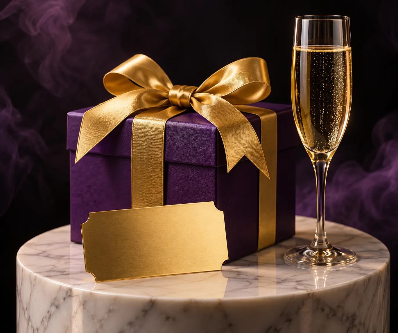 Golden gift box and ticket displayed on a marble pedestal, representing the Here2Win Casino bonus package
