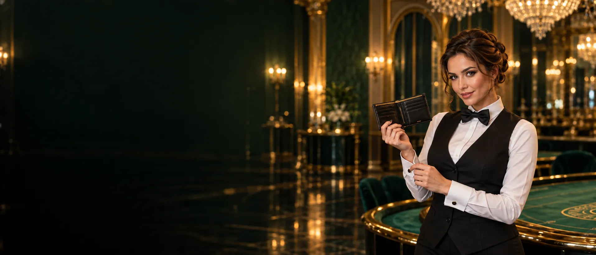 Croupier holding an open leather wallet at a glittering ballroom gala