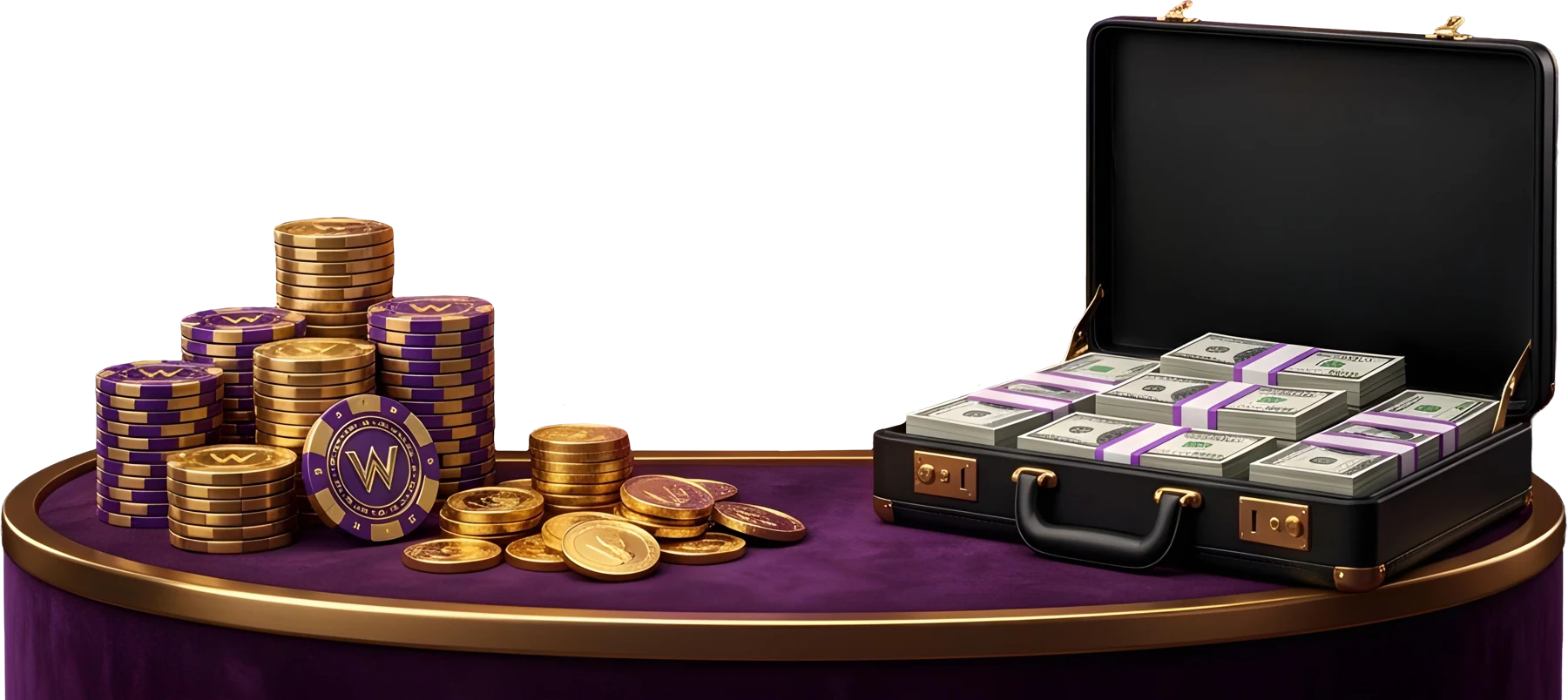 Stacked casino chips and cash on a card table