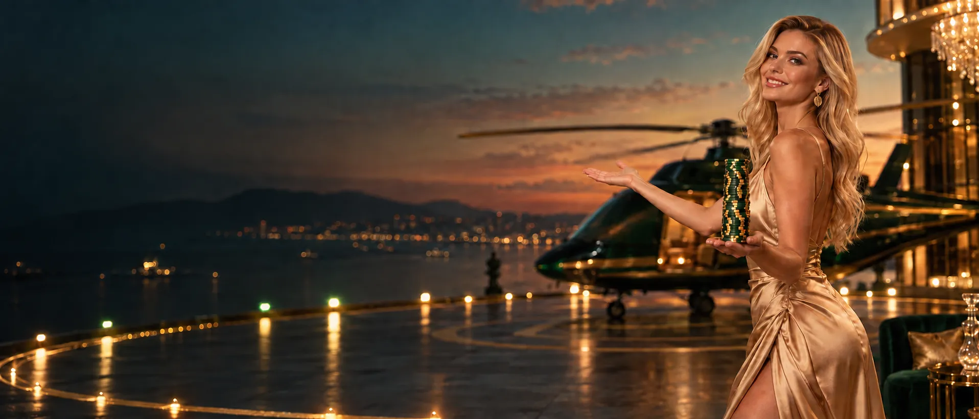 Woman presenting a stack of casino chips on a helipad at dusk