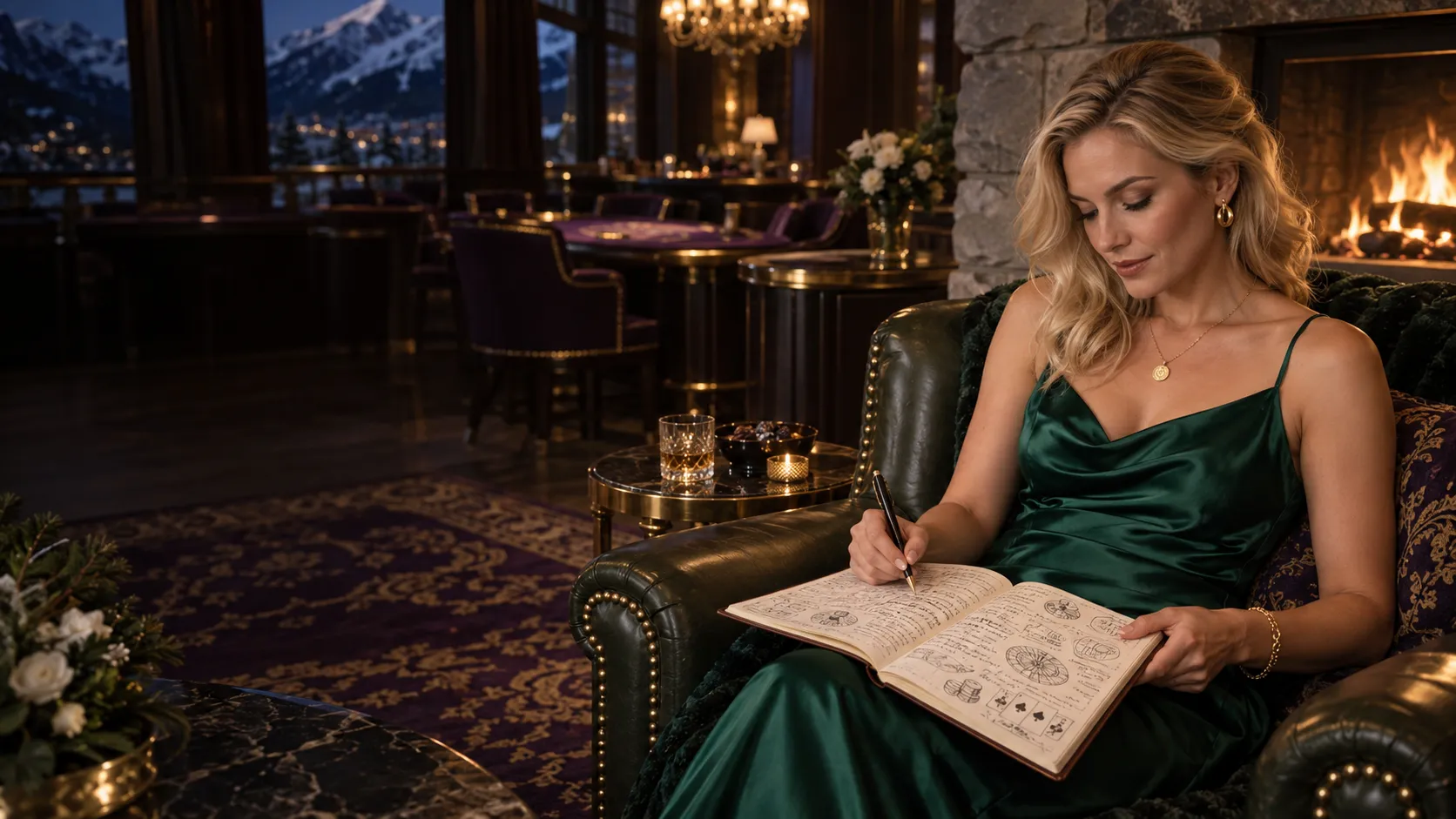 Editor annotating handwritten research notes by a fireplace in an alpine casino lodge